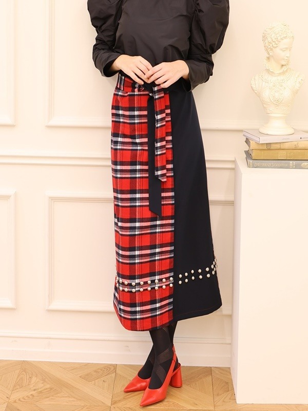 [YEAR  END SALE] LOVE X LOVE Holiday Collection] Check stud Wrap skirt [red/green]